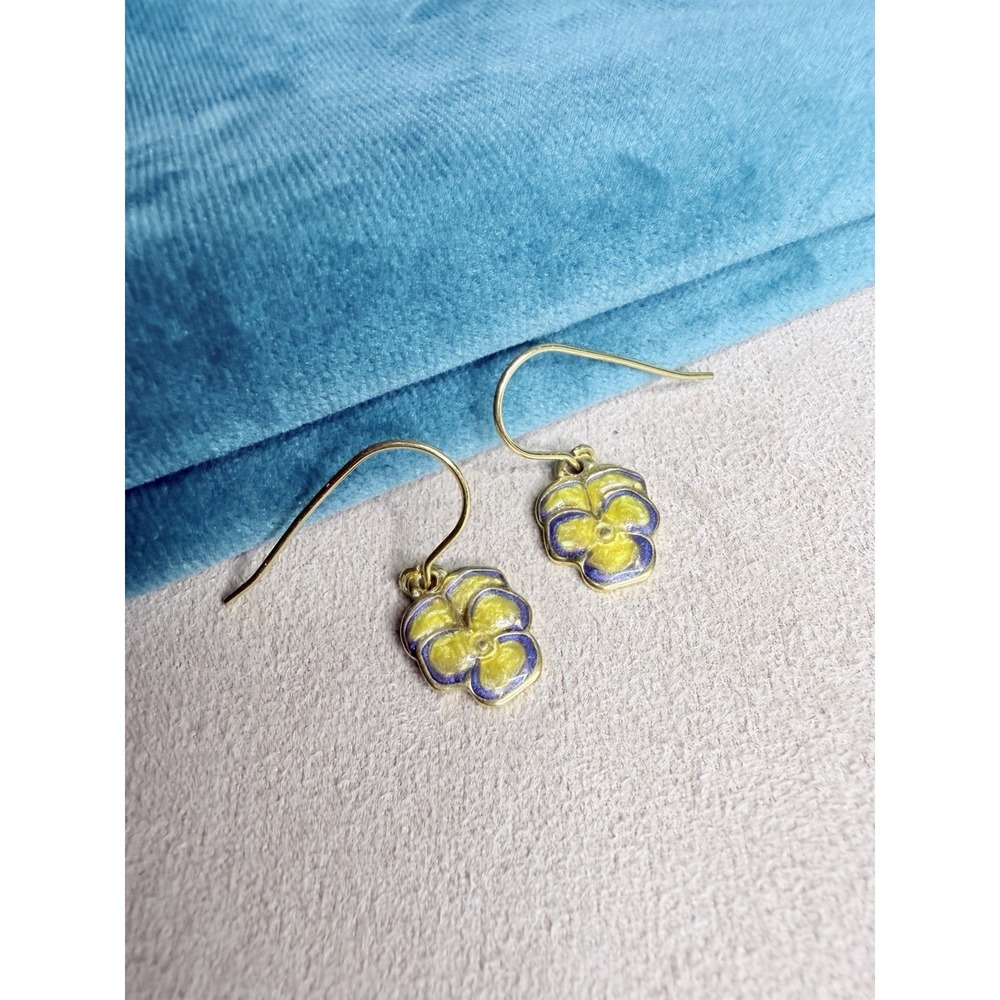 Vintage Avon Yellow Purple Enamel Pansy Drop Earrings Gold Tone Wire Floral